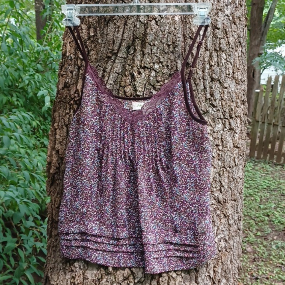 Floral Print Lace-Trim Cami Tank Top - Plum